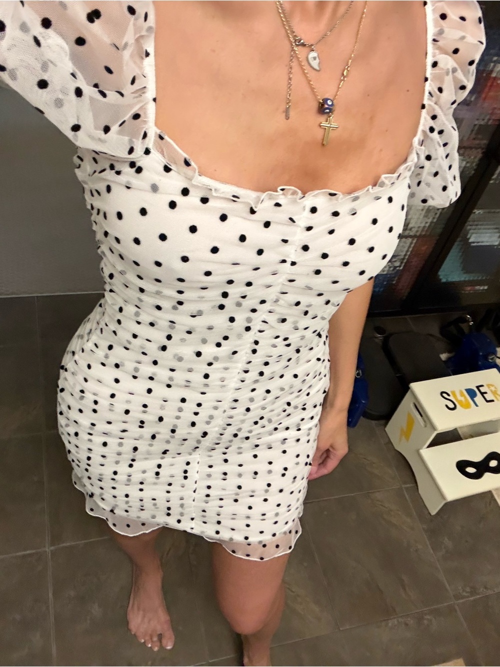 Divided White Mini Dress with Black Polka Dots